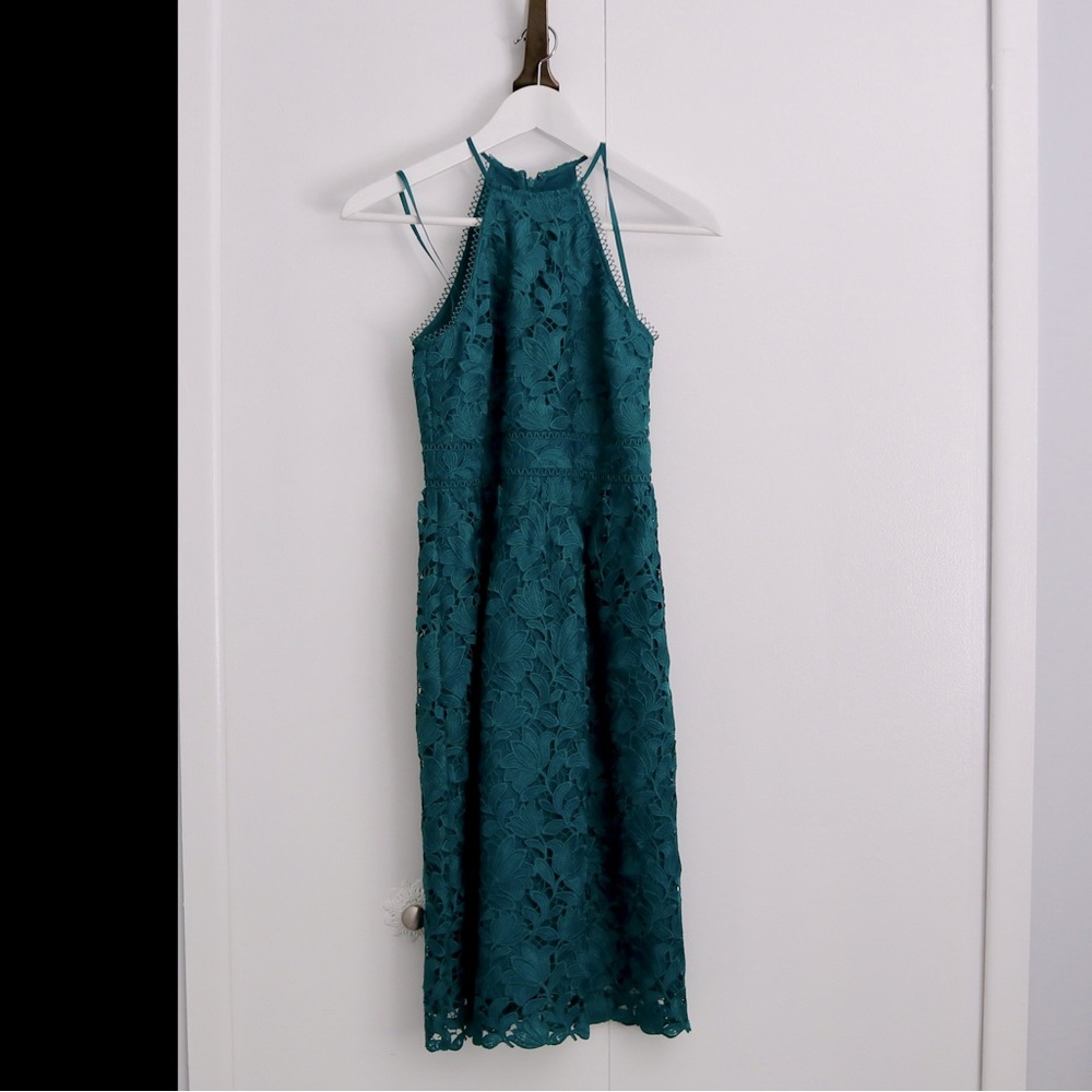 LOFT petite teal embroidered floral midi dress